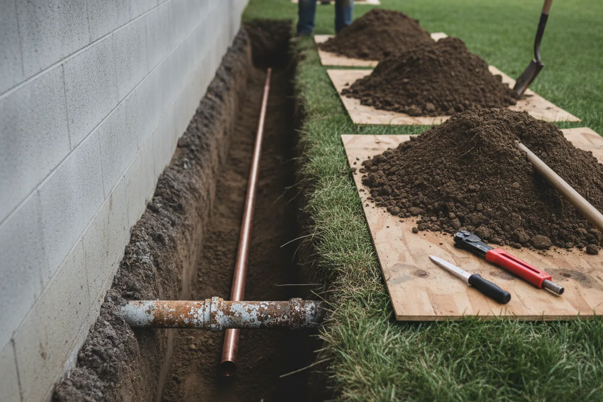 Excavated water line trench during Water Softener Installation in Sanbornton